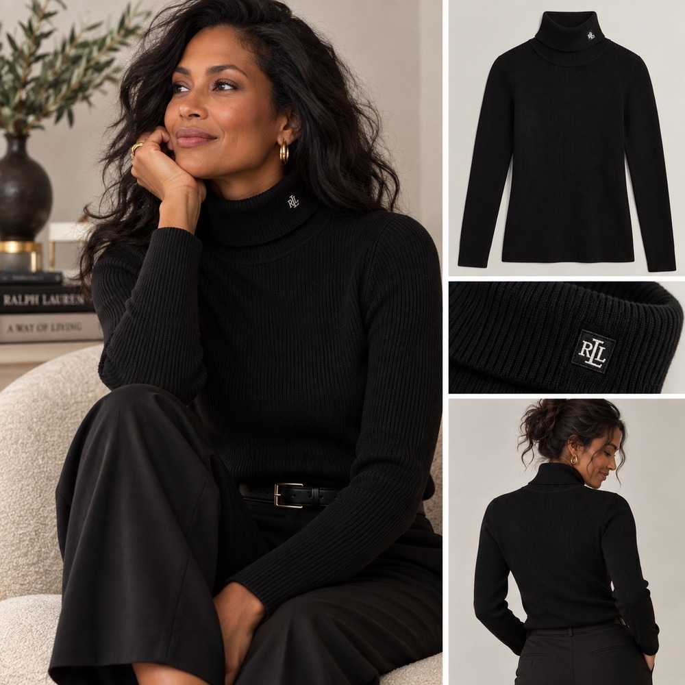 Lauren Ralph Lauren Black Ribbed Turtleneck Cotton Sweater LRL Logo L Gift